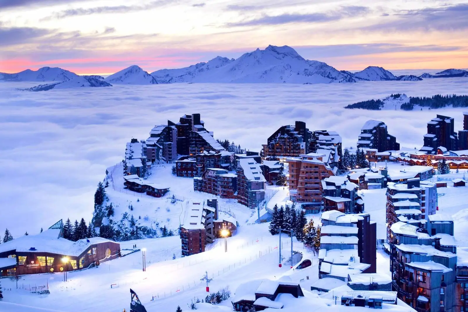 Avoriaz car-free ski resort at dusk above a sea of clouds, Portes du Soleil