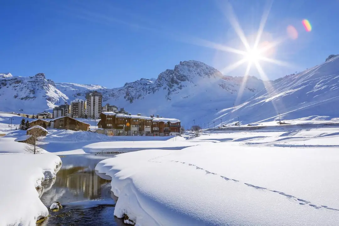 Tignes Le Lac ski resort under fresh snow and winter sun, French Alps